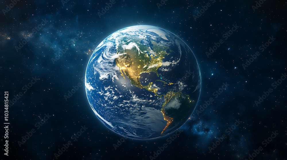 Fototapeta premium The earth as seen from space with city lights glowing – the style hyper-realistic photograph taken in daylight shot by Canon EOS Rebel SL3 Camera, HDR super detailed, high resolution