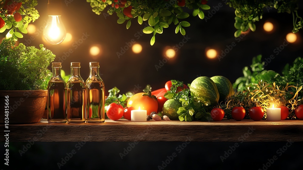 Fresh vegetables and bottles of oil on a rustic wooden table with warm lighting, perfect for healthy cooking. Fresh vegetables and bottles of oil on a rustic wooden table with warm lighting, perfect for healthy cooking.
