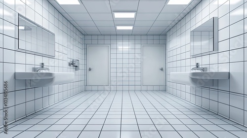 Minimalist White Bathroom with Two Sinks and Doors