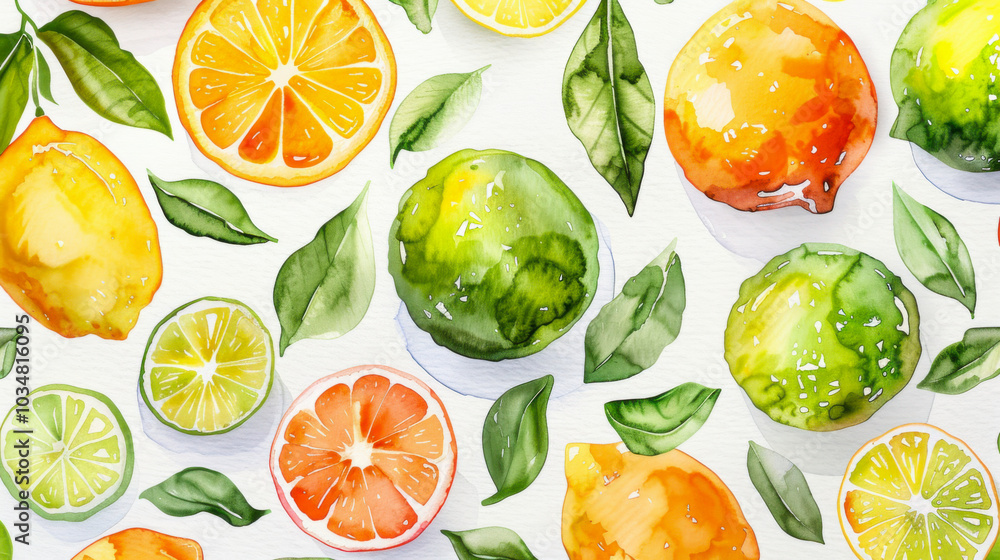 Watercolor pattern of citrus fruits, mango, and lemon and lime leaves for vibrant and summery design Watercolor pattern of citrus fruits, mango, and lemon and lime leaves for vibrant and summery design