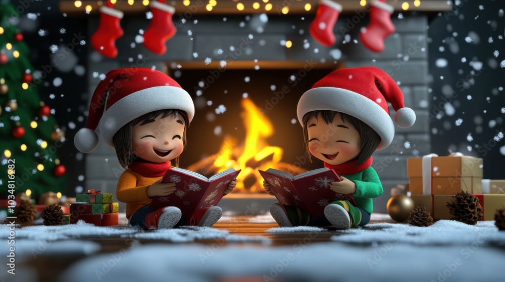 Children Reading by the Fireplace in Winter Cheer Children Reading by the Fireplace in Winter Cheer