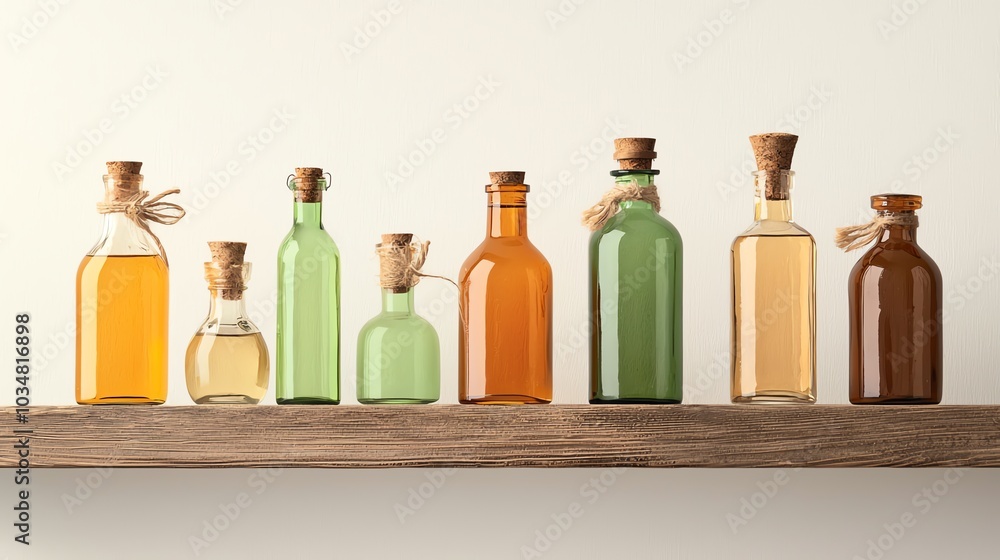 Stylish glass bottles in various shapes and colors, neatly arranged on a wooden shelf against a neutral background. Stylish glass bottles in various shapes and colors, neatly arranged on a wooden shelf against a neutral background.