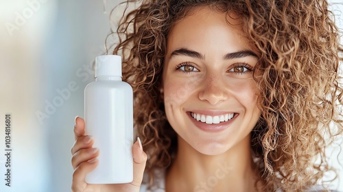 Smiling woman with curly hair holding a white bottle, positive energy, bright background.