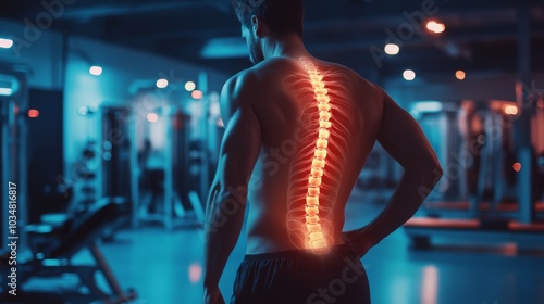 2410 31.A man standing in a fitness studio with his back turned to the camera, his hand resting on his lower spine, illuminated with a glowing red aura highlighting the pain in his back muscles. A photo