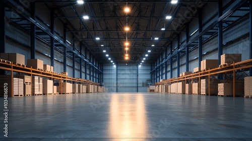 Spacious modern warehouse interior with organized shelving and bright overhead lights on a polished concrete floor.