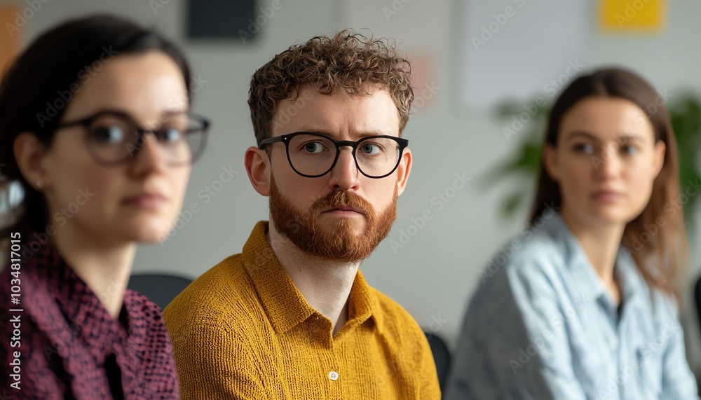 Three individuals engage in a thoughtful discussion in a modern office setting, showcasing various expressions of concentration. Three individuals engage in a thoughtful discussion in a modern office setting, showcasing various expressions of concentration.