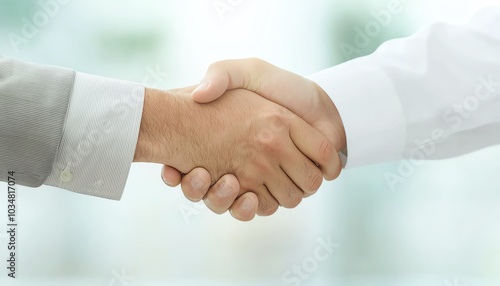 Two hands shaking in a business agreement symbolizing cooperation and partnership in a professional environment.