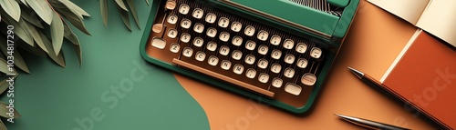 Vintage typewriter on a colorful surface with leaves and stationery items surrounding it, ideal for creative projects.