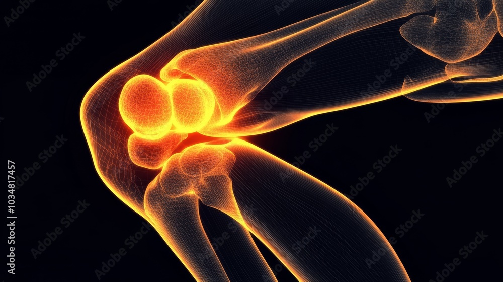 2410 45.A 3D vector medical illustration of a knee joint suffering from fasciitis, with the pain areas clearly marked by an intense orange halo. The detailed representation of the bones and cartilage 2410 45.A 3D vector medical illustration of a knee joint suffering from fasciitis, with the pain areas clearly marked by an intense orange halo. The detailed representation of the bones and cartilage