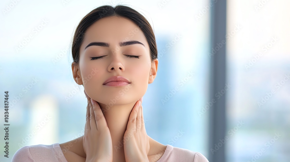 Woman practicing mindfulness and relaxation with eyes closed, serene expression, indoor setting, natural light.
