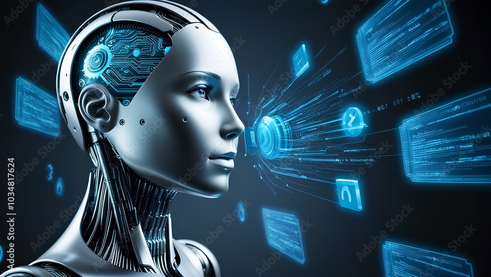 A detailed robotic AI head with a glowing chipset, surrounded by holographic code projections. Its metallic skin reveals intricate circuits, set against a black backdrop. A detailed robotic AI head with a glowing chipset, surrounded by holographic code projections. Its metallic skin reveals intricate circuits, set against a black backdrop.