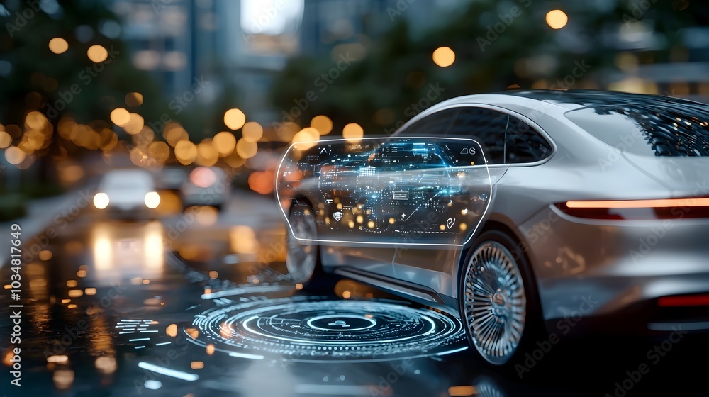 Sleek futuristic car with a holographic GPS display navigating through a glowing 3D illustrated urban cityscape Sleek futuristic car with a holographic GPS display navigating through a glowing 3D illustrated urban cityscape