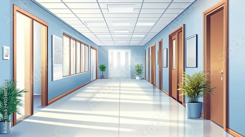 A Sunlit Hallway with Doors and Plants photo