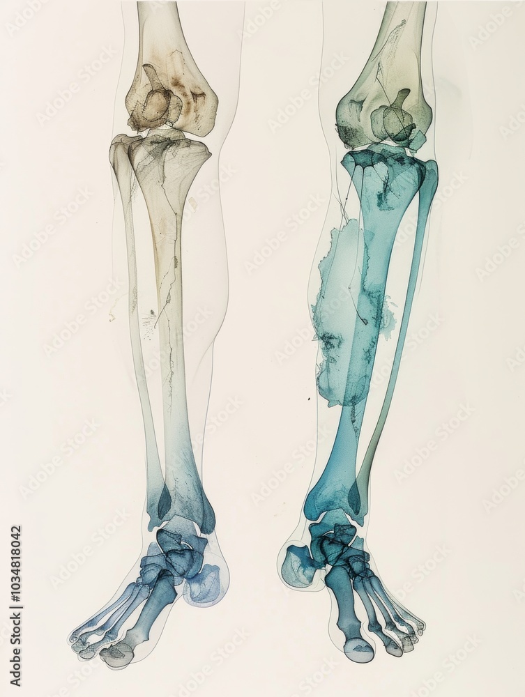 Serene Watercolor Painting of Human Leg Skeleton Anatomy in Soft Blue and Green Tones Serene Watercolor Painting of Human Leg Skeleton Anatomy in Soft Blue and Green Tones