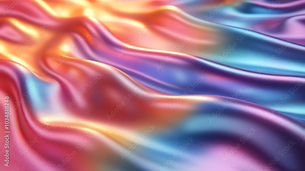 Abstract iridescent fabric with wavy texture, featuring a gradient from pink to blue. Abstract iridescent fabric with wavy texture, featuring a gradient from pink to blue.