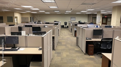 Empty cubicle office space with beige walls and carpeted floors photo