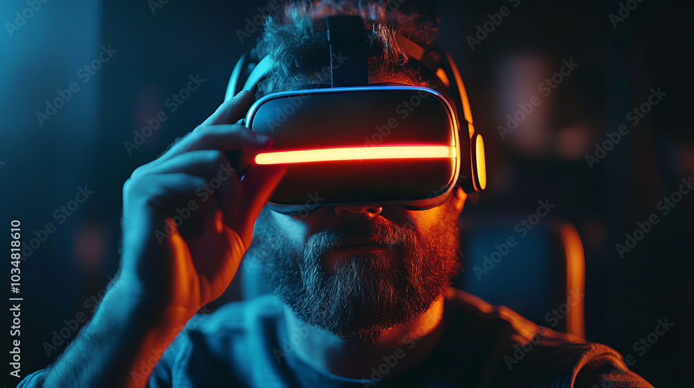 A man in a suit wearing a VR headset reacts with awe and excitement, showcasing immersive virtual reality technology experience.
