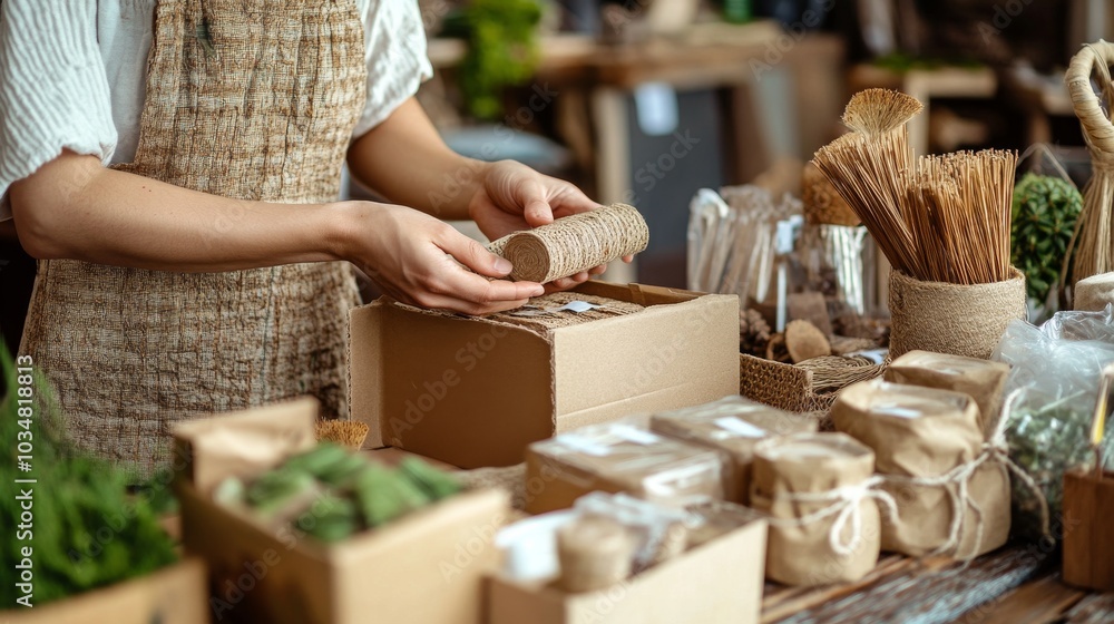 2410 74.A close-up of an eco-friendly vendor carefully placing products into a recyclable cardboard box, wrapping them in natural materials instead of plastic. The zero-waste retail shop is filled