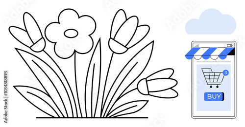 Flowers and a mobile device with a storefront and shopping cart icon emphasize online flower shopping. Ideal for e-commerce, flower delivery, online marketplaces, gardening shops, digital marketing