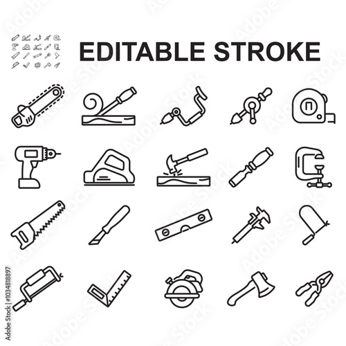 Carpenter icon set. Contains carpenter's tool icons. Thin line vector.