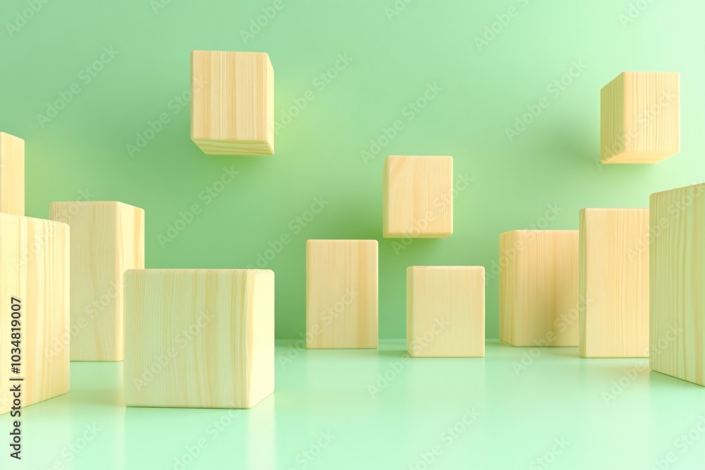 Minimalist Wooden Blocks on Pastel Green Background Minimalist Wooden Blocks on Pastel Green Background
