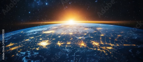 A stunning sunrise over a vast, glowing, urban Earth from space, with a dark blue sky and twinkling stars above.