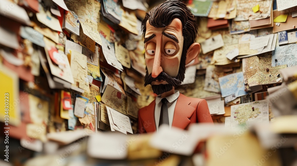 Cartoon Detective in a Mysterious Investigation Scene Cartoon Detective in a Mysterious Investigation Scene