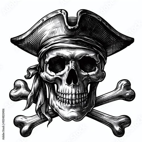 skull with crossbones underneath, symbolizing danger or pirate themes in bold detail sketch engraving.