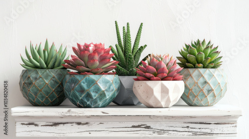 Obraz na płótnie Green, red and pink succulent plants and green cactus in modern geometric cement planters w salonie