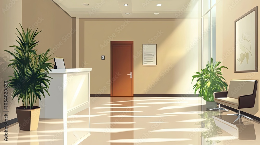 Fototapeta premium Minimalist Lobby Interior with Sunlight Streaming Through Large Windows