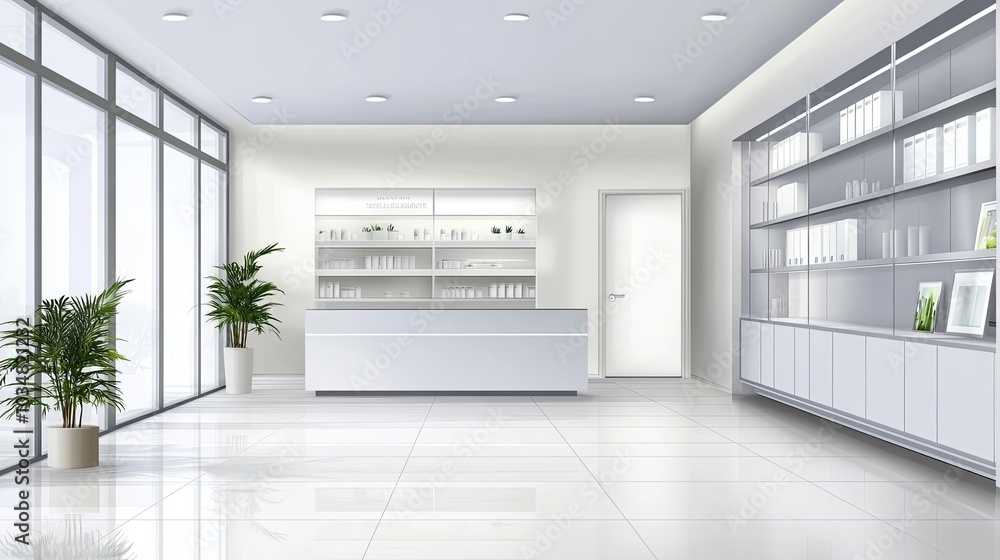 Fototapeta premium Minimalist White Interior Design with a Counter, Glass Shelves, and Plants