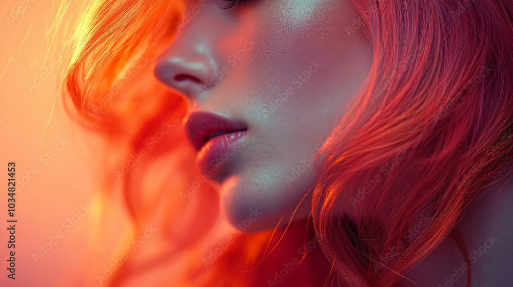 Close-up portrait of a beautiful female hair model with closed eyes and long ginger hair turning pink with the soft light of the studio Close-up portrait of a beautiful female hair model with closed eyes and long ginger hair turning pink with the soft light of the studio
