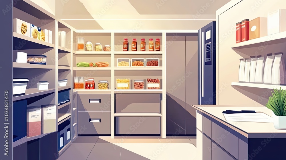 Well-Organized Pantry with Various Food Items and a Refrigerator Well-Organized Pantry with Various Food Items and a Refrigerator