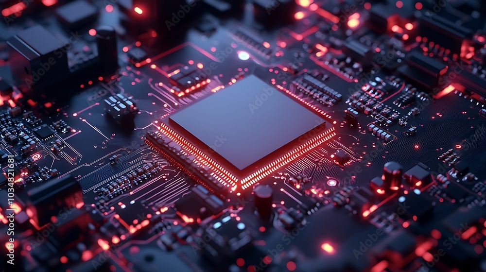 Close Up of a Circuit Board With a Glowing Processor Close Up of a Circuit Board With a Glowing Processor