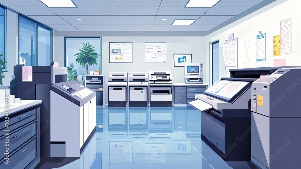 A Modern Office Space with a Row of Printers and a Large Format Plotter A Modern Office Space with a Row of Printers and a Large Format Plotter