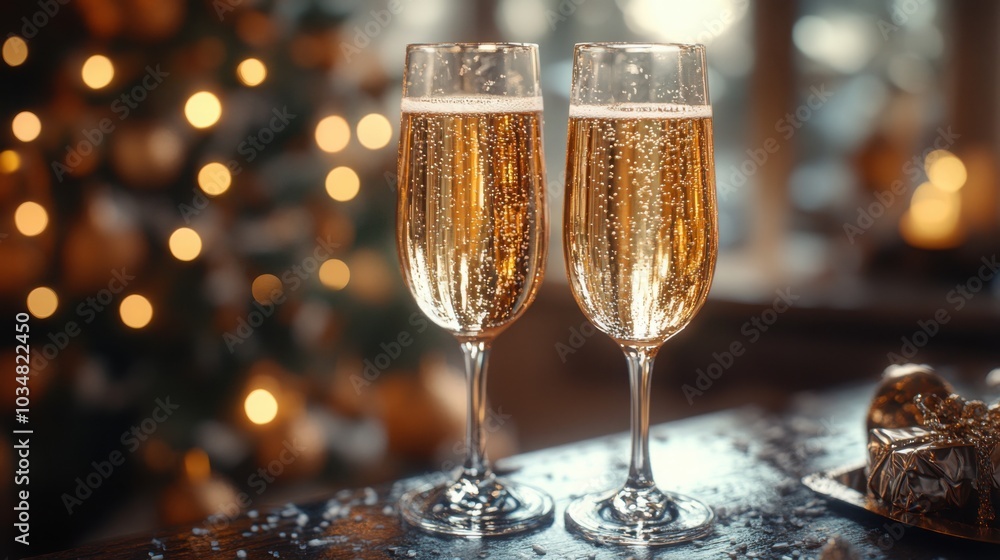 Elegant Celebration with Two Champagne Glasses in Front of a Beautifully Decorated Christmas Tree for Festive Occasions Elegant Celebration with Two Champagne Glasses in Front of a Beautifully Decorated Christmas Tree for Festive Occasions