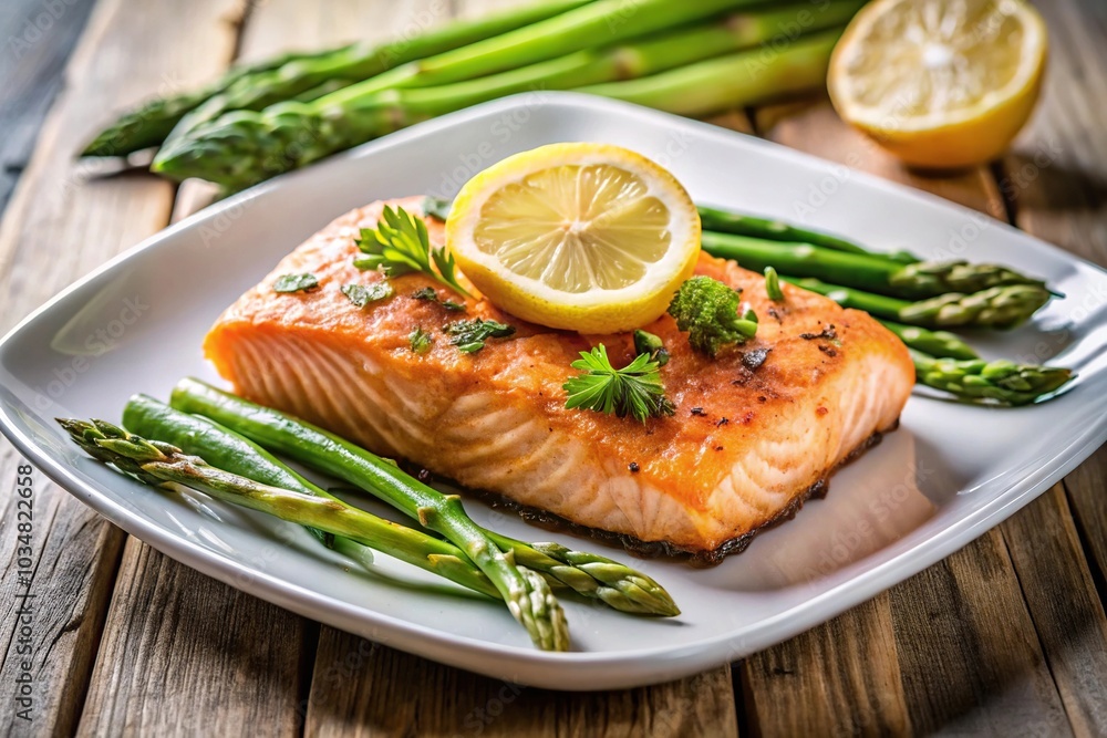 fried salmon filet, asparagus, lemon fried salmon filet, asparagus, lemon