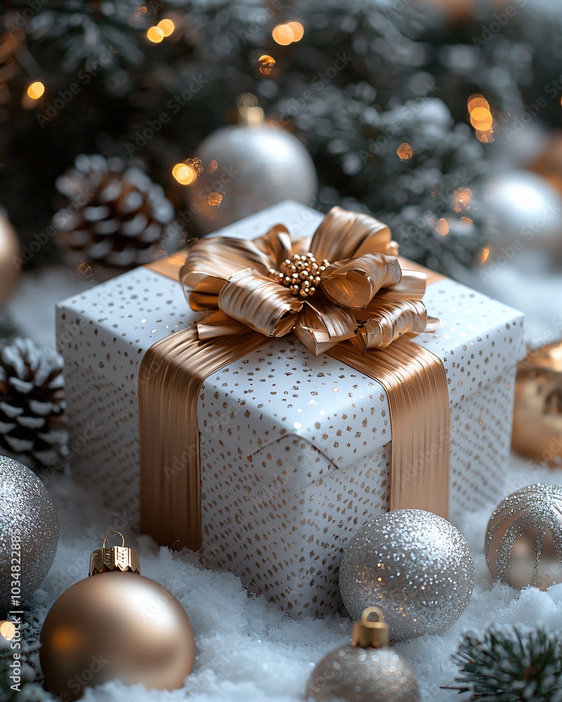 Elegant Christmas gift box with golden bow on a snowflake-covered surface, perfect for holiday ads, greeting cards, or social media posts for the festive season. Elegant Christmas gift box with golden bow on a snowflake-covered surface, perfect for holiday ads, greeting cards, or social media posts for the festive season.