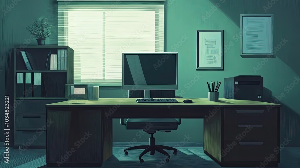 A Minimalist Office Space with a Computer and an Empty Desk Chair A Minimalist Office Space with a Computer and an Empty Desk Chair
