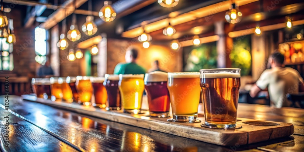 A row of beer glasses on a wooden board at a bar, with a blurred background of a busy establishment A row of beer glasses on a wooden board at a bar, with a blurred background of a busy establishment