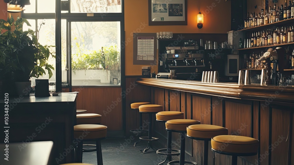 Empty Bar Stools at a Wooden Bar Counter Empty Bar Stools at a Wooden Bar Counter