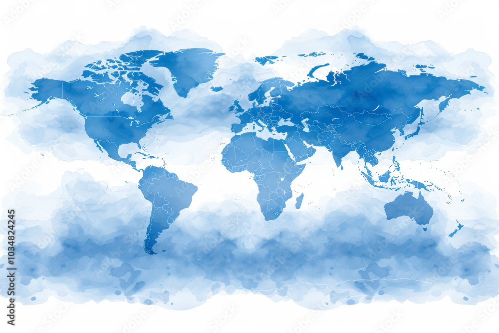 Obraz premium This graphic depicts a world map showing the continents and oceans in varying shades of blue, set against a soft cloud-like background that enhances its serene and modern appearance.