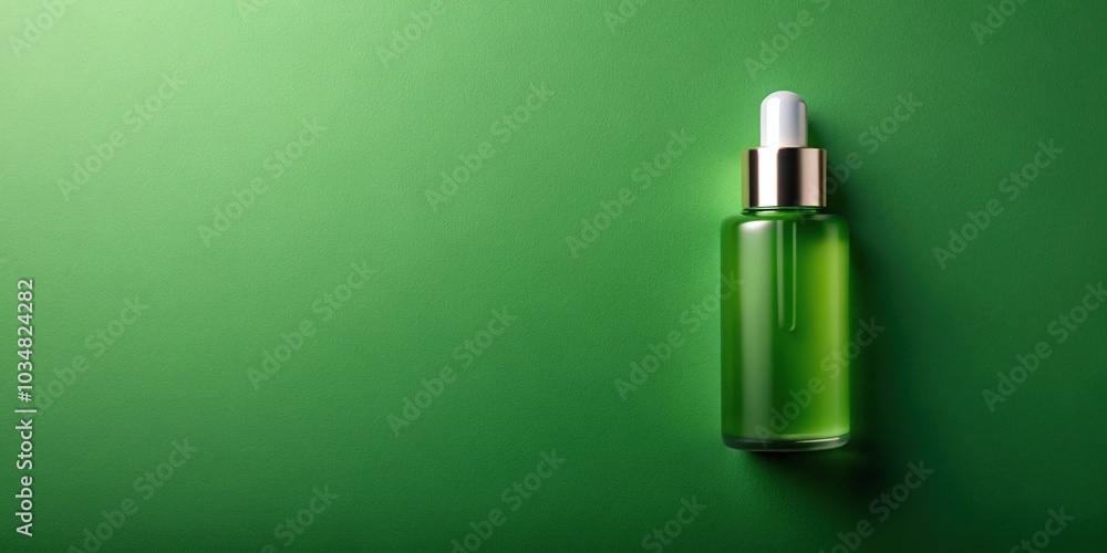 Green bottle of cosmetics on green background high angle view Green bottle of cosmetics on green background high angle view