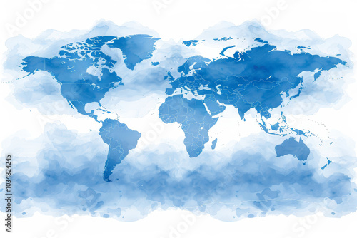 This graphic depicts a world map showing the continents and oceans in varying shades of blue, set against a soft cloud-like background that enhances its serene and modern appearance. photo