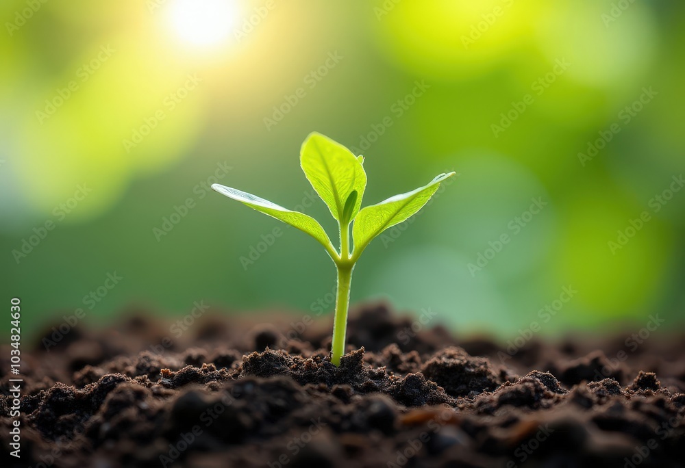 Green Sprout Growing in Soil with Sun Shining . Green Sprout Growing in Soil with Sun Shining .