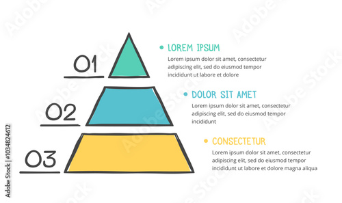 Hand drawn pyramid with three segments, doodle infographics, vector eps10 illustration