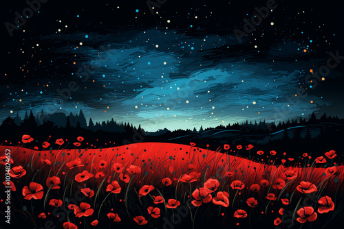 Wallpaper Mural A vivid field of poppies blooms under a clear starry sky, with twinkling stars illuminating the dark landscape and adding tranquility to the night Torontodigital.ca