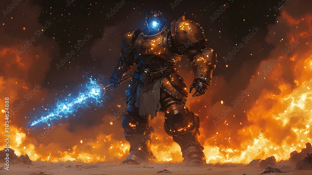 Futuristic Titan Warrior Wielding Plasma Spear in Neon-Lit Desert Landscape Futuristic Titan Warrior Wielding Plasma Spear in Neon-Lit Desert Landscape