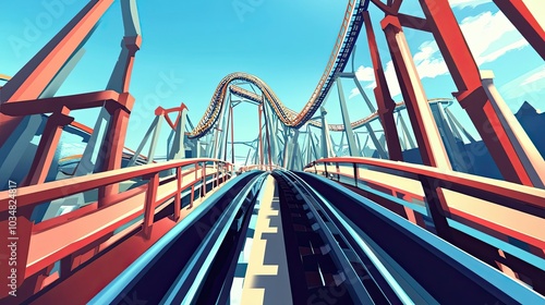 Rollercoaster Tracks Leading Upwards With Blue Sky in Background