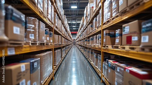 A long, symmetrical warehouse aisle with high shelves stacked with brown cardboard boxes, neatly organized under bright lighting, reflecting a clean floor